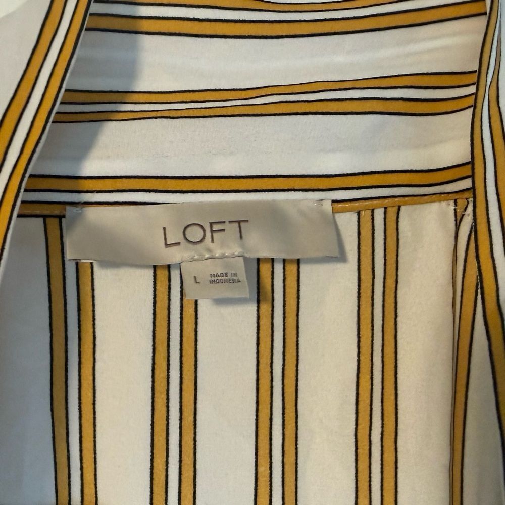 LOFT Striped Blouse Neck Tie White Mustard Long Sleeve Top Women’s Large NWOT - Picture 4 of 6